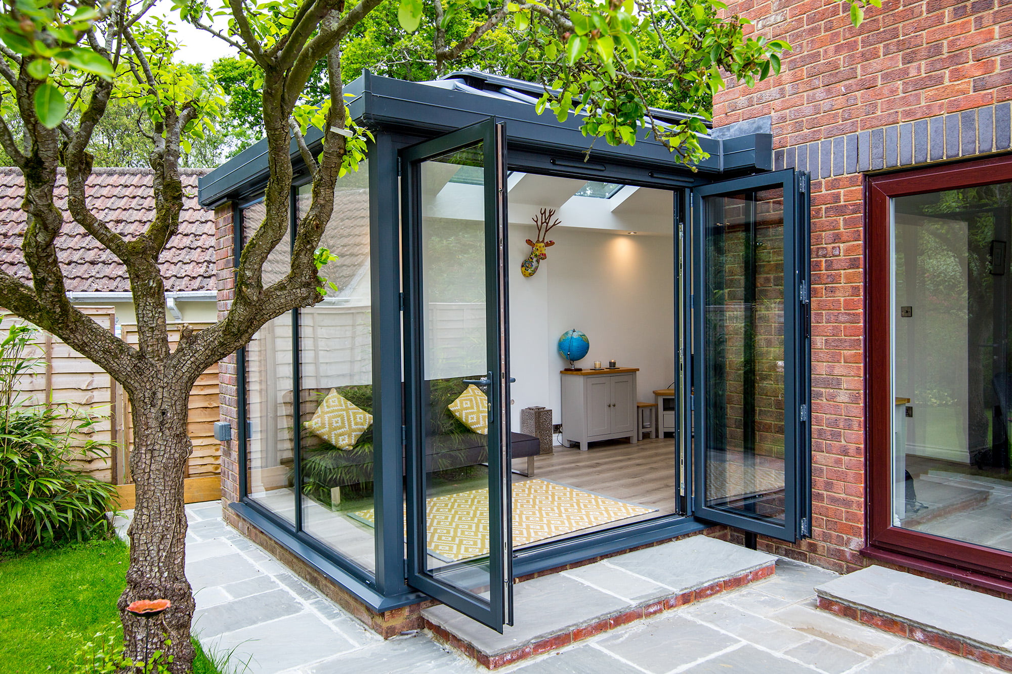 A loggia with bifold doors